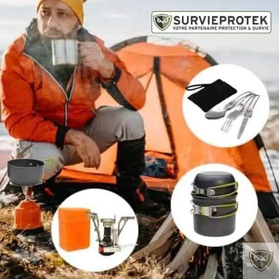BIVOUAK™ Set de cuisine camping avec mini réchaud à gaz survieprotek