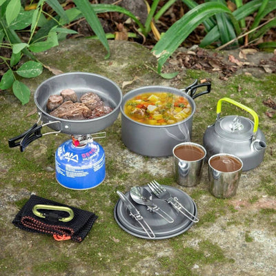 Kit de batterie de cuisine de camping, ensemble d'ustensiles de cuisine de camping  Casserole de cuisson extérieure Bouilloire Accessoires de camping légers  Sac à dos Équipement de randonnée pour 2 à 3