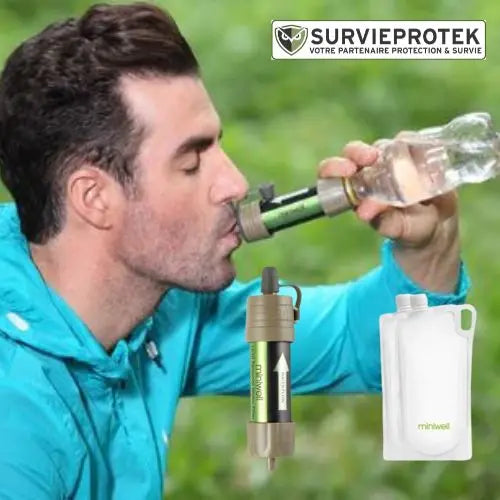MoKo Filtre à Eau Portable, Filtre d'eau Potable 3000 litres Urgence Personnel Purificateur d'eau pour Extérieur Randonnée Camping Voyage Sport en Plein Air Filtration Rapide sans BPA, Vert Armée