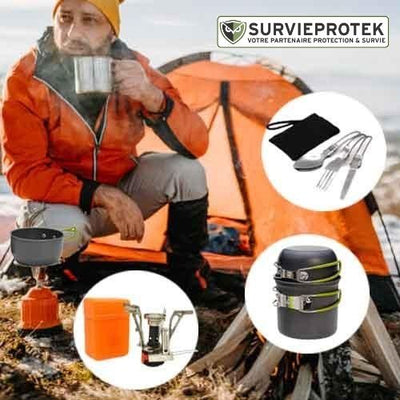 BIVOUAK™ Set de cuisine camping avec mini réchaud à gaz survieprotek