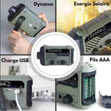 Poste Radio de Survie Portable Multi-fonctions 4 modes de chargement dynamo energie solaire chargeur usb pile AAA